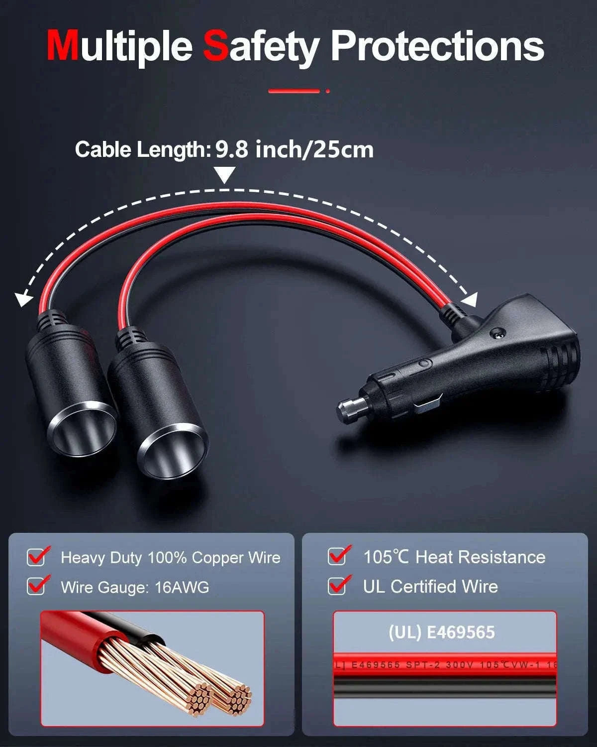 12V/24V 1 to 2 Car Cigarette Lighter Splitter Adapter with 10A Fuse-black / China Mainland