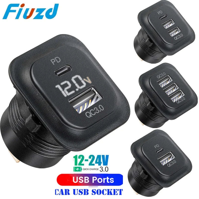 12V 24V Car USB Charger Socket with Voltmeter, QC 3.0 and USB-C PD-001 / China Mainland