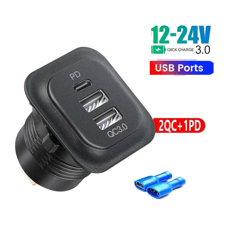 12V 24V Car USB Charger Socket with Voltmeter, QC 3.0 and USB-C PD-001 / China Mainland