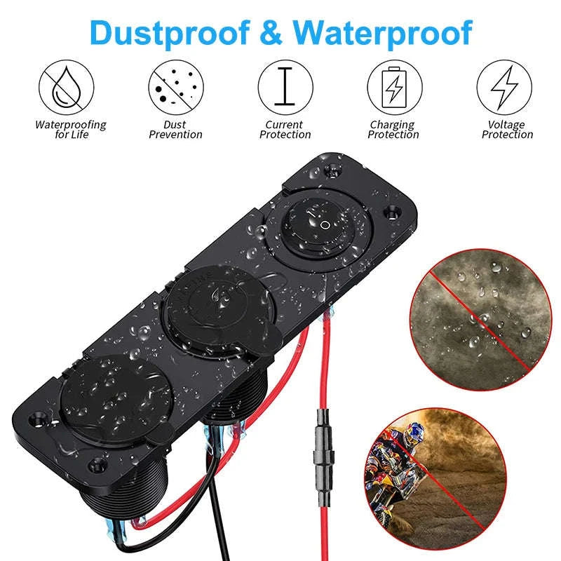 12V/24V Cigarette Lighter Socket Splitter with USB-C, Voltmeter & Switch-Red Set