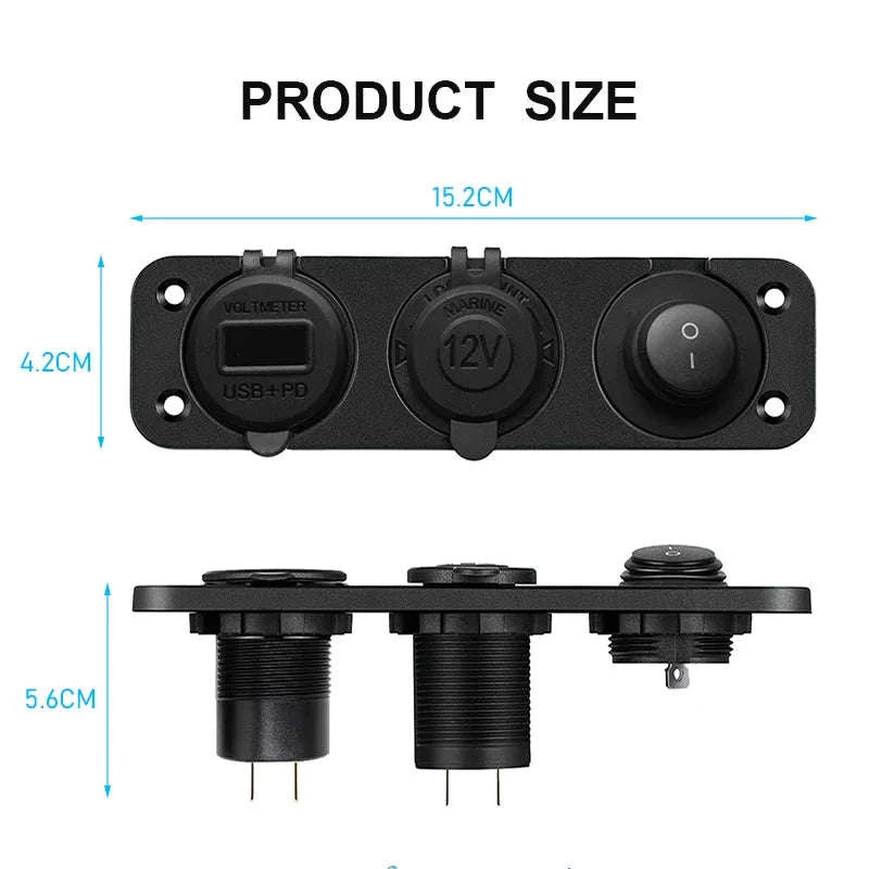 12V/24V Cigarette Lighter Socket Splitter with USB-C, Voltmeter & Switch-Red Set