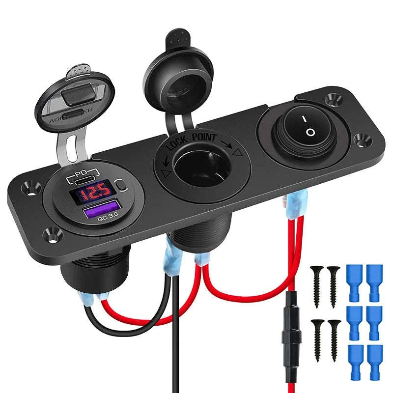 12V/24V Cigarette Lighter Socket Splitter with USB-C, Voltmeter & Switch-Red Set