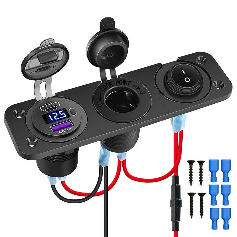 12V/24V Cigarette Lighter Socket Splitter with USB-C, Voltmeter & Switch-Red Set