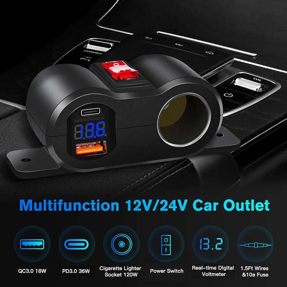 12V/24V Dual USB and PD Type-C Charger Socket with Switch Waterproof Cigarette Lighter Socket-Dual USB with Volt