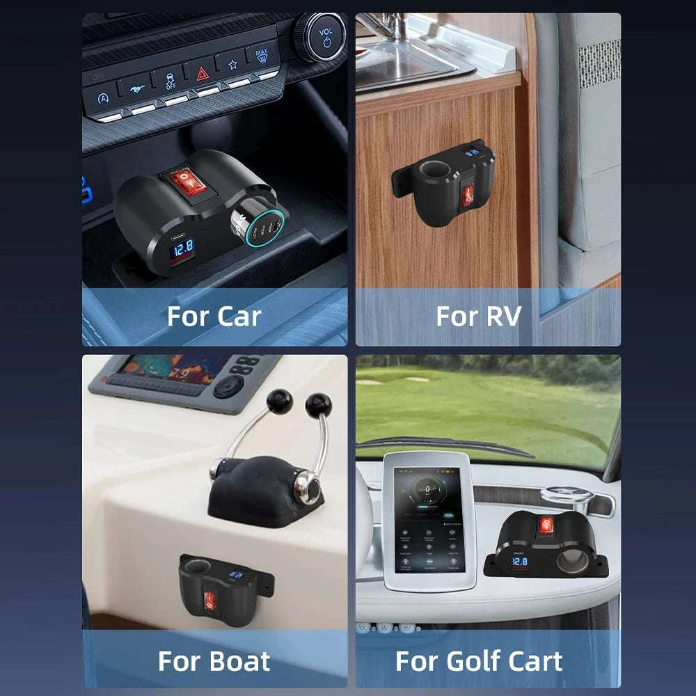 12V/24V Dual USB and PD Type-C Charger Socket with Switch Waterproof Cigarette Lighter Socket-Dual USB with Volt