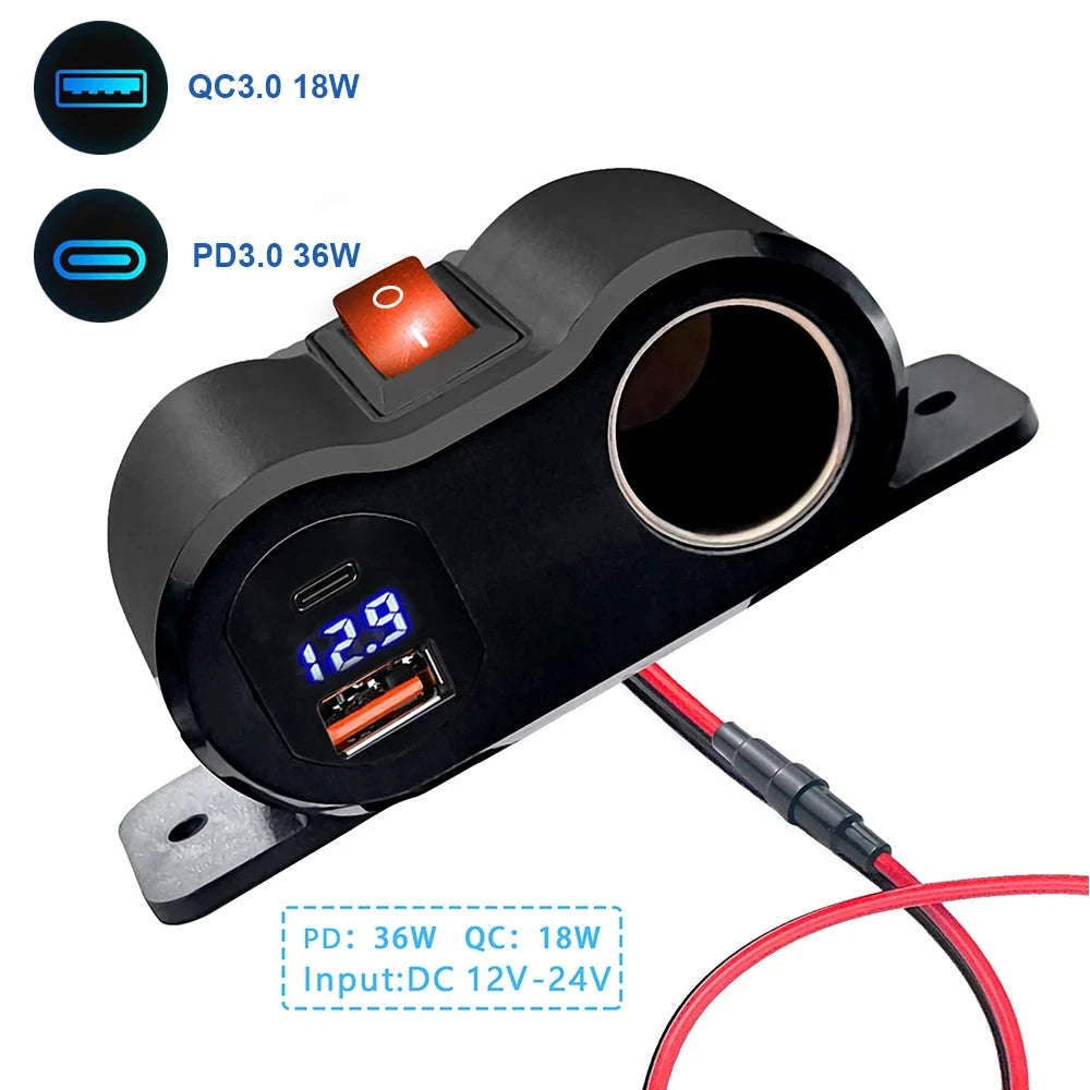 12V/24V Dual USB and PD Type-C Charger Socket with Switch Waterproof Cigarette Lighter Socket-Dual USB with Volt