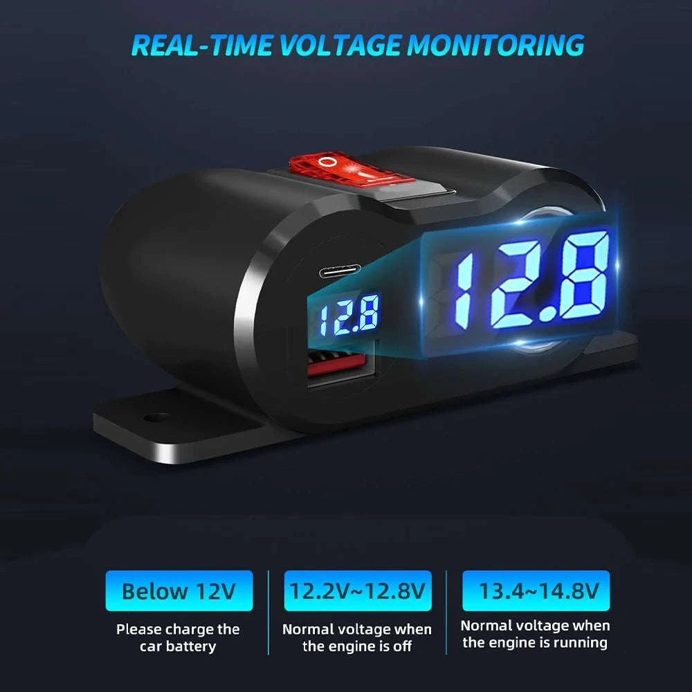 12V/24V Dual USB and PD Type-C Charger Socket with Switch Waterproof Cigarette Lighter Socket-Dual USB with Volt