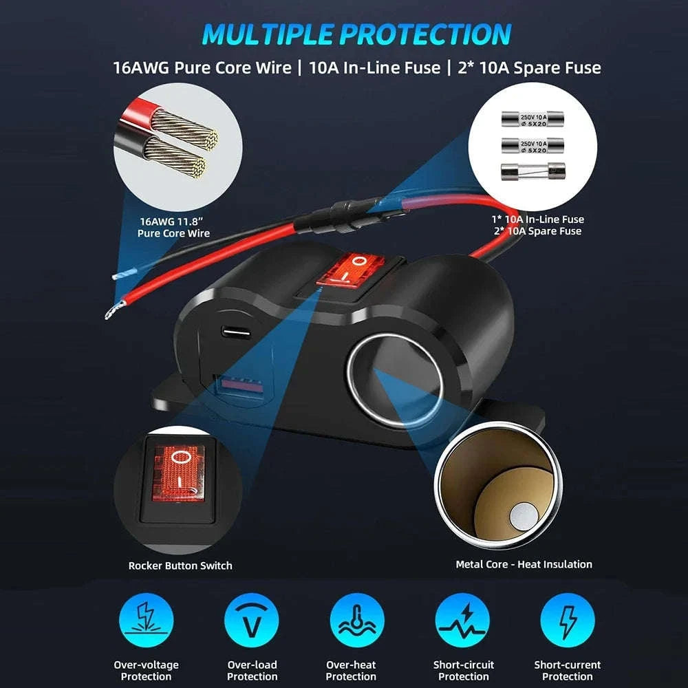 12V/24V Dual USB and PD Type-C Charger Socket with Switch Waterproof Cigarette Lighter Socket-Dual USB with Volt