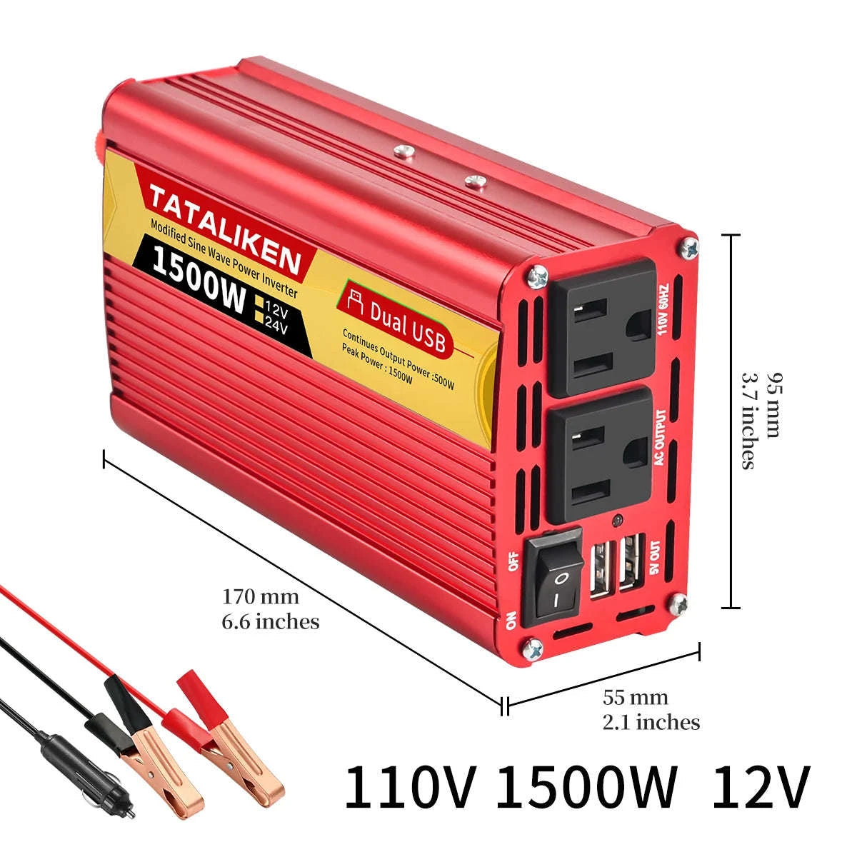12V/24V Power Inverter 600W-2500W AC 110V Universal Socket-12V 1500W 110V 60HZ