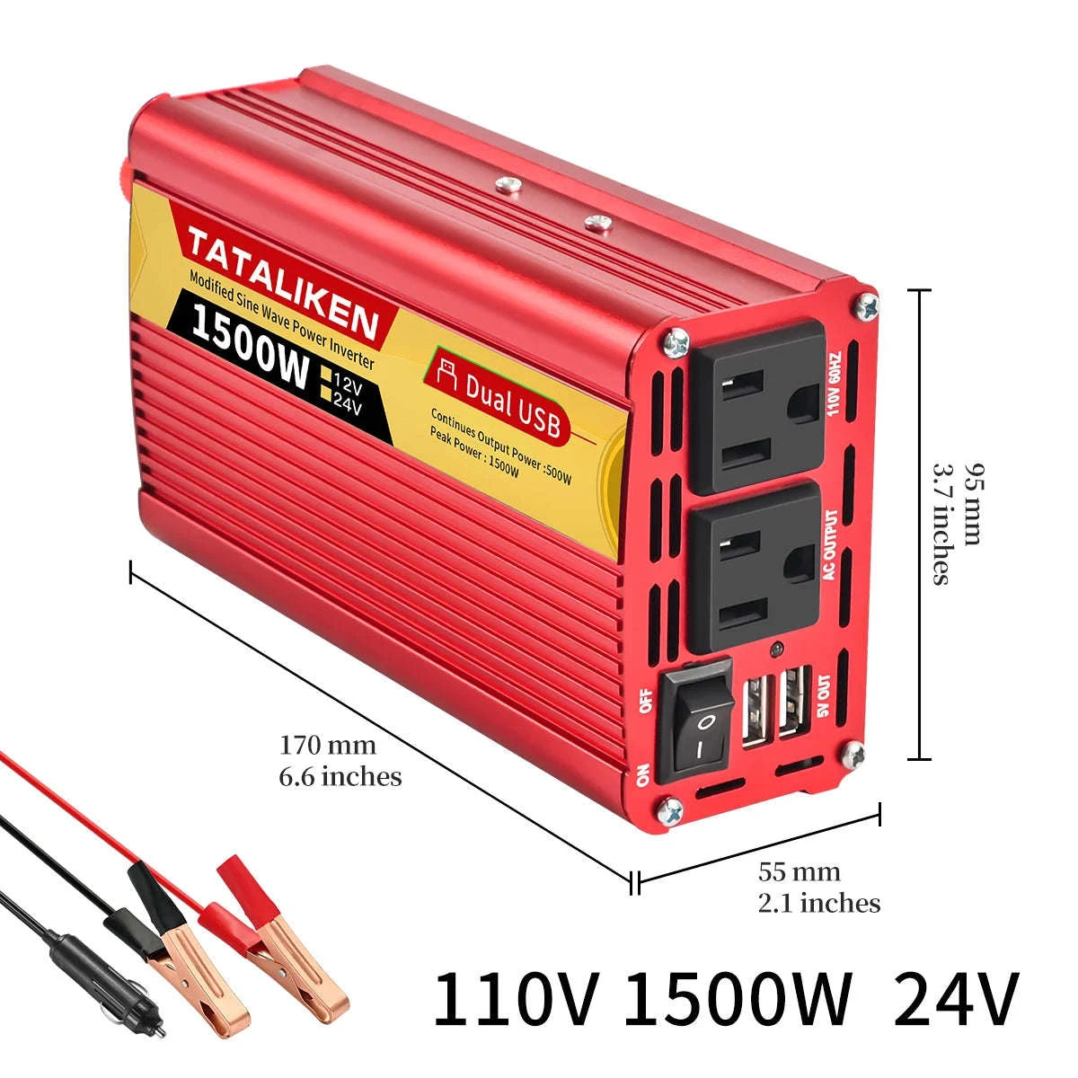 12V/24V Power Inverter 600W-2500W AC 110V Universal Socket-12V 1500W 110V 60HZ