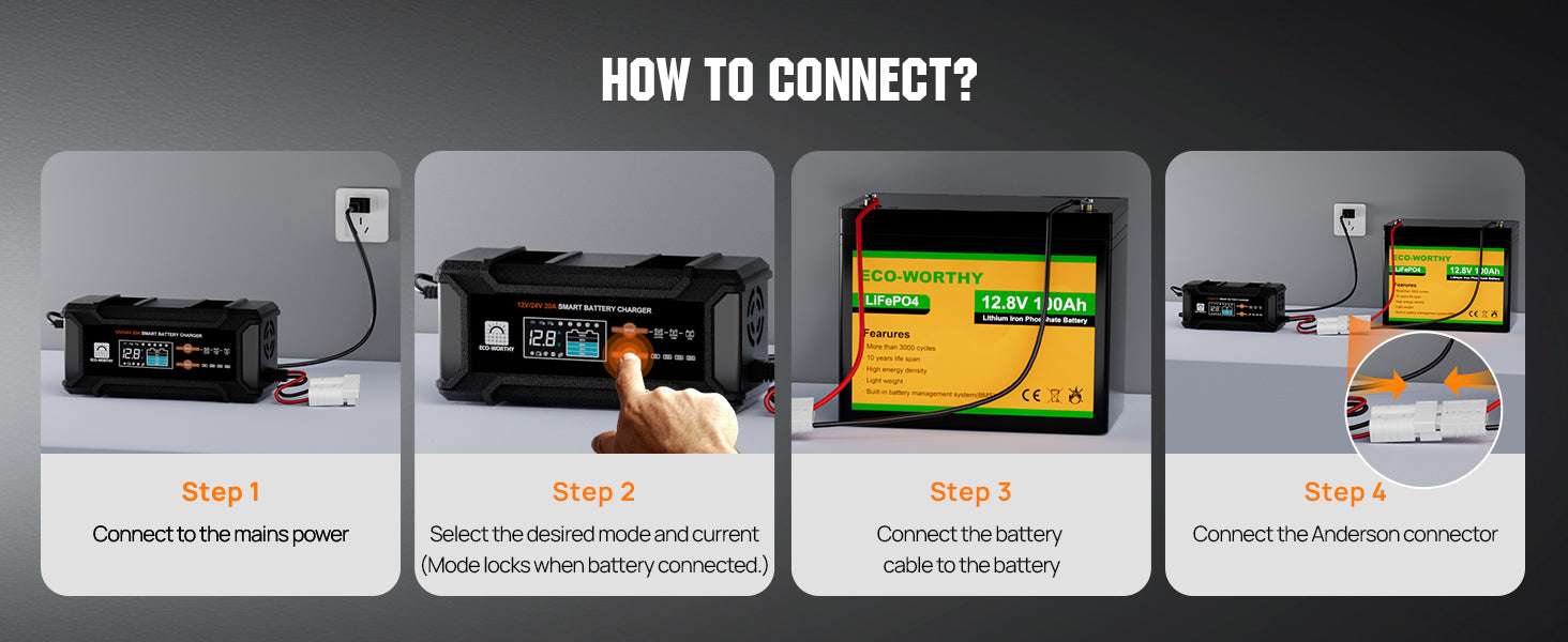 12V/24V Smart Battery Charger 20A with Auto Detection & Modes-black / United States
