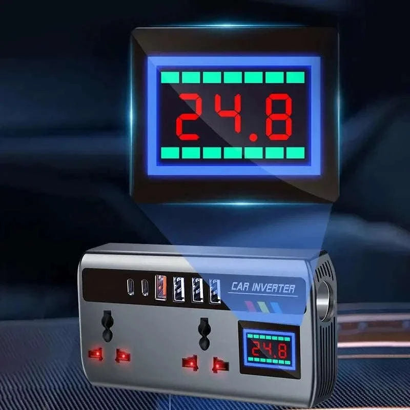12V/24V to 220V 200W Car Inverter with Dual Type-C and 4 USB Ports-with Voltage Display