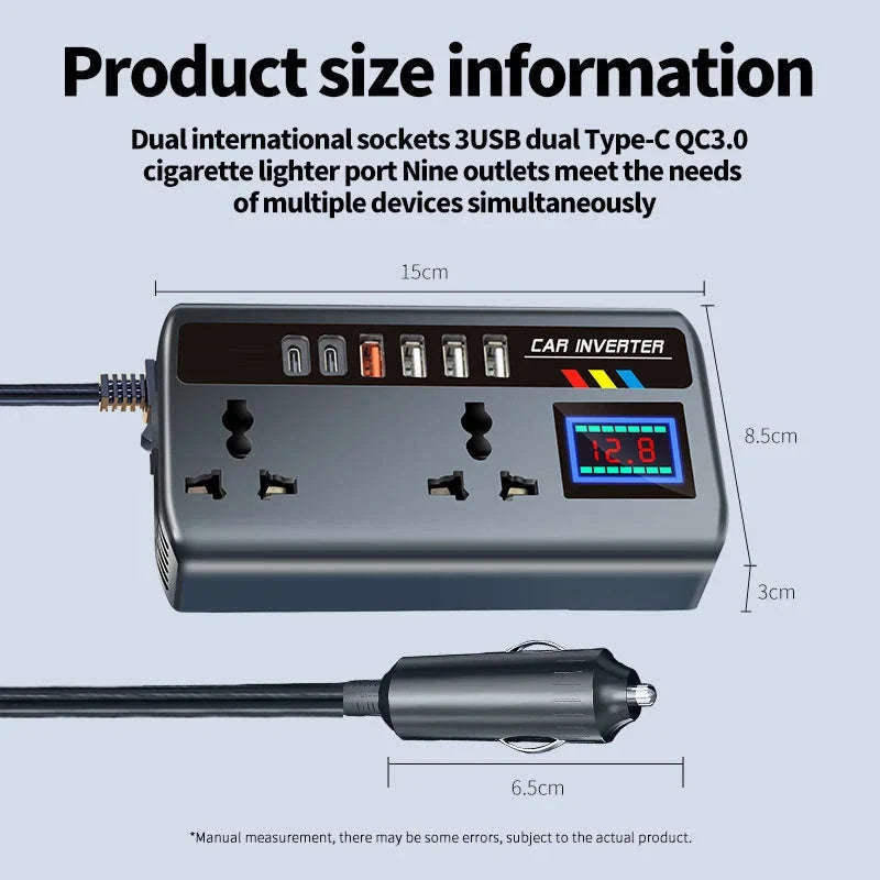 12V/24V to 220V 200W Car Inverter with Dual Type-C and 4 USB Ports-with Voltage Display