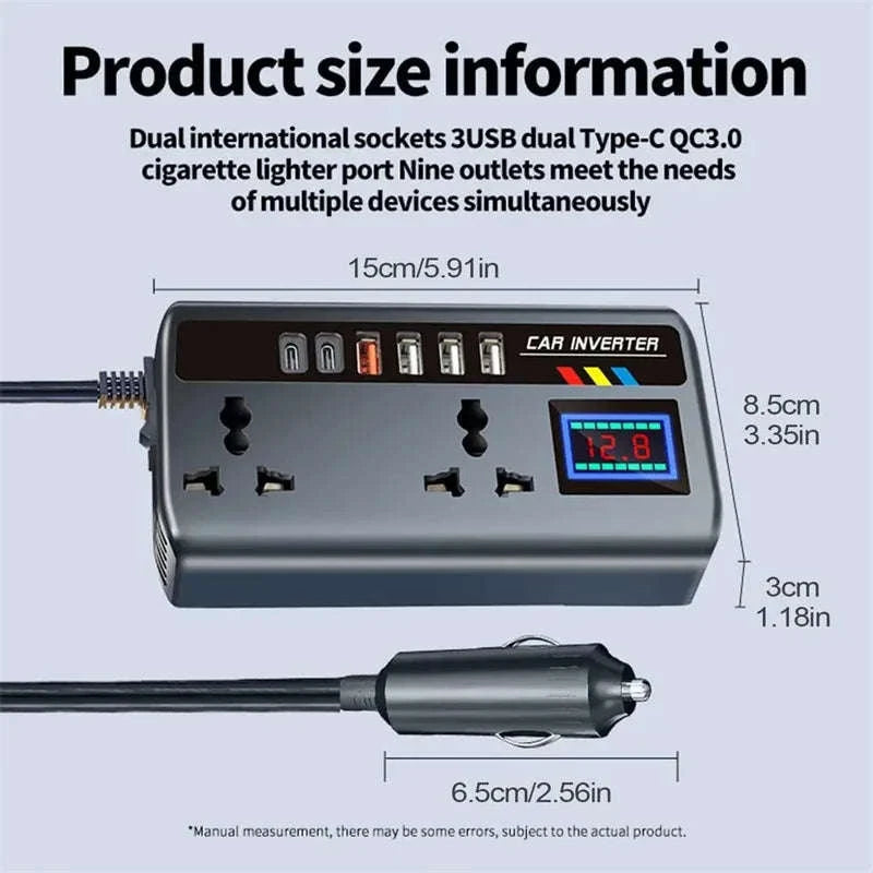 12V/24V to 220V 200W Car Inverter with Dual Type-C and 4 USB Ports-with Voltage Display