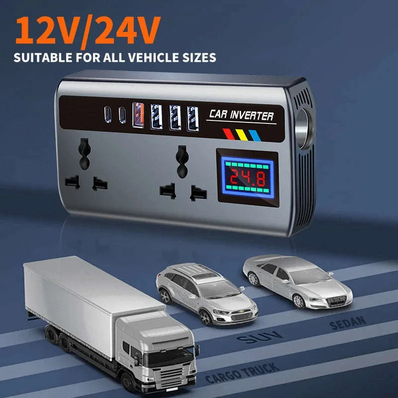 12V/24V to 220V 200W Car Inverter with Dual Type-C and 4 USB Ports-with Voltage Display
