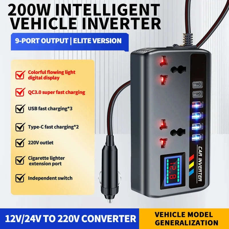 12V/24V to 220V 200W Car Inverter with Dual Type-C and 4 USB Ports-with Voltage Display