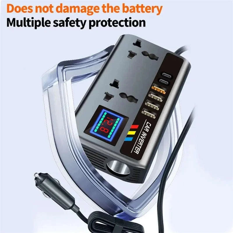 12V/24V to 220V 200W Car Inverter with Dual Type-C and 4 USB Ports-with Voltage Display