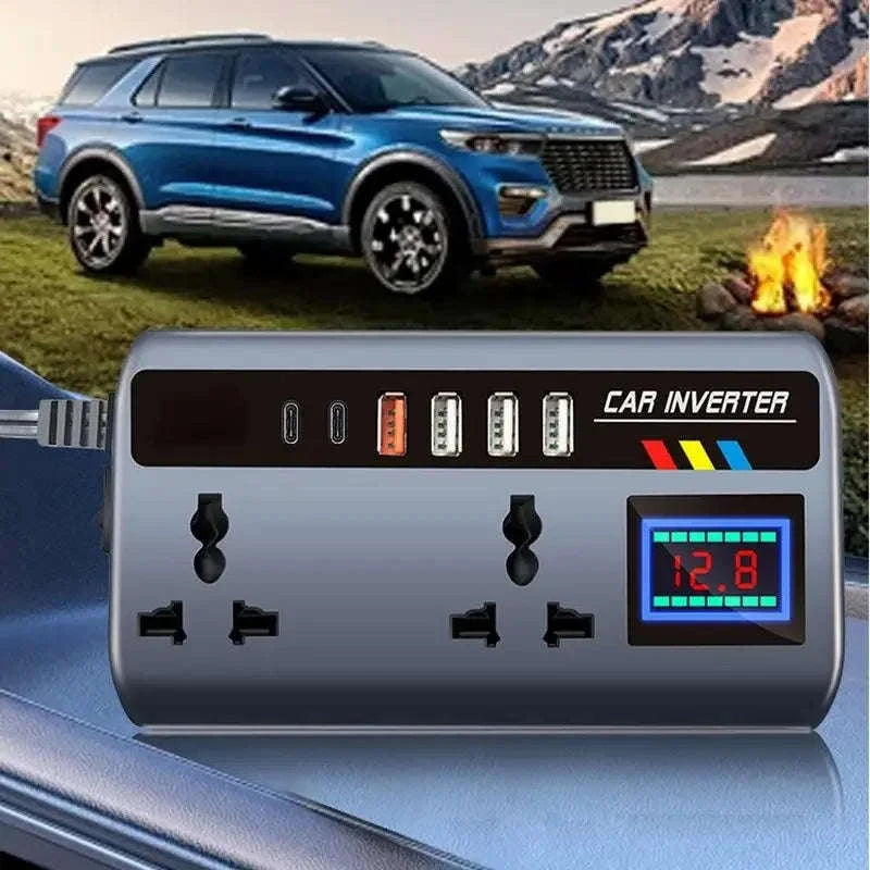 12V/24V to 220V 200W Car Inverter with Dual Type-C and 4 USB Ports-with Voltage Display