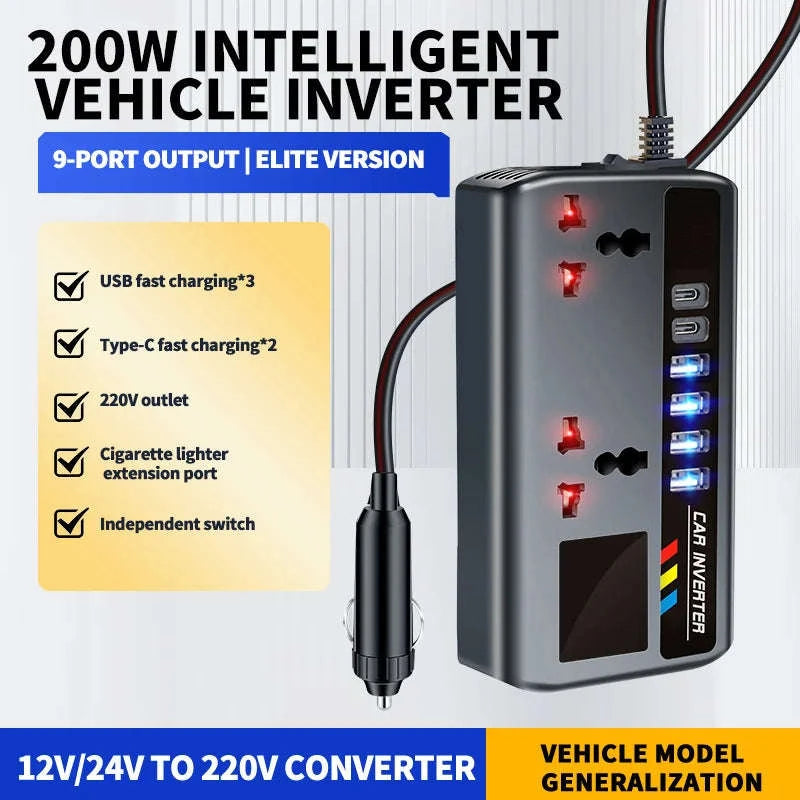 12V/24V to 220V 200W Car Inverter with Dual Type-C and 4 USB Ports-with Voltage Display
