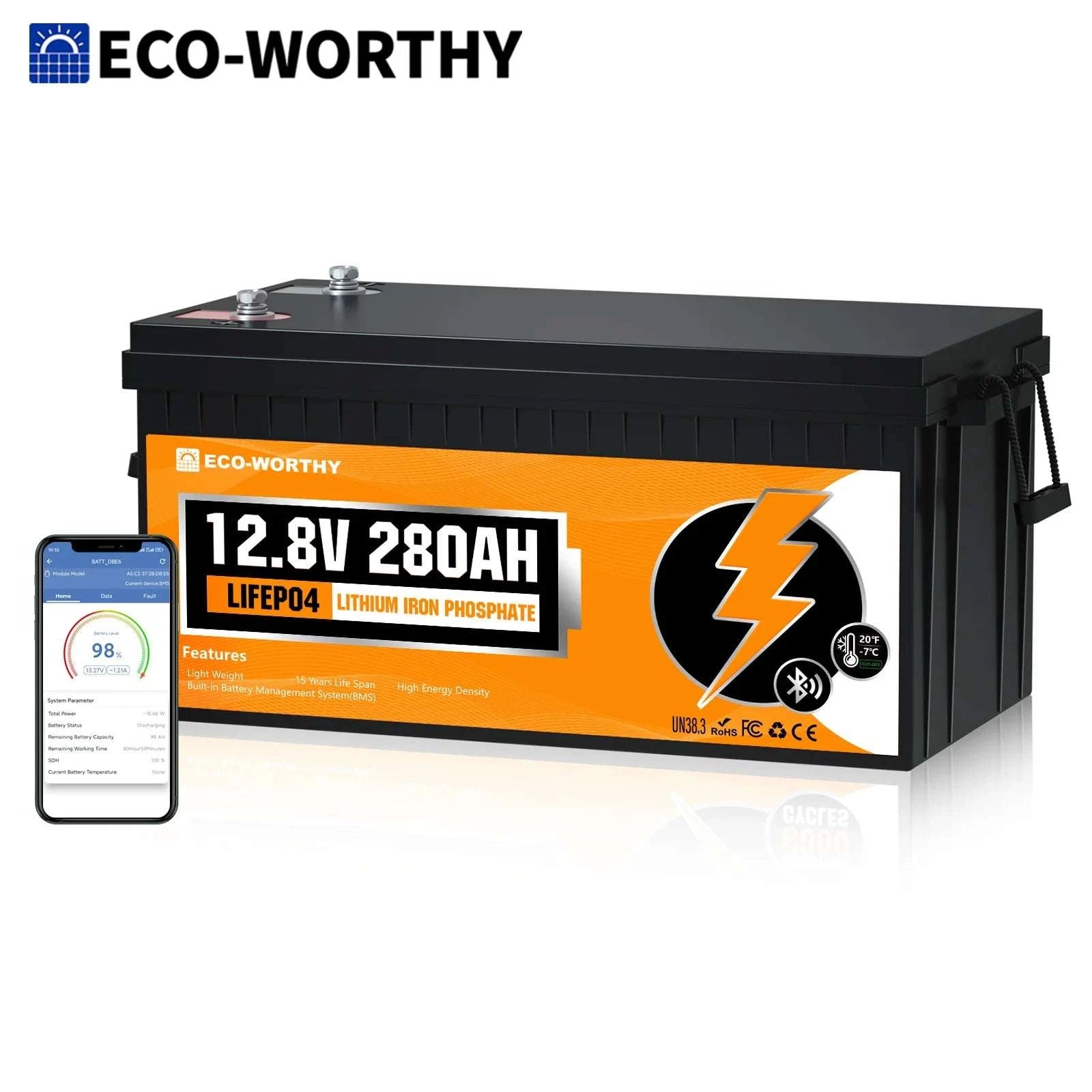 12V 280Ah LiFePO4 RV Battery 3584Wh with Bluetooth & 200A BMS-Orange / United States