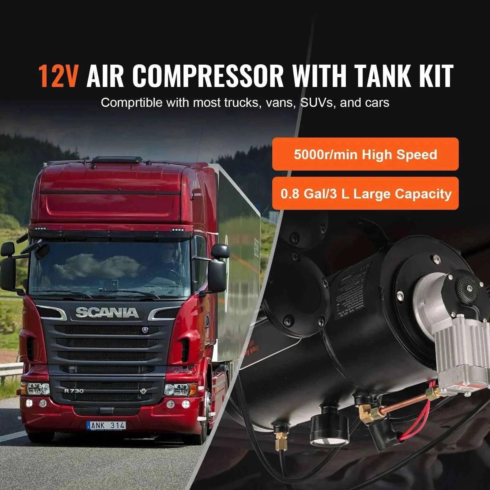 12V Air Compressor with Tank 0.8 Gal/3L 120 PSI-12V3L / United States