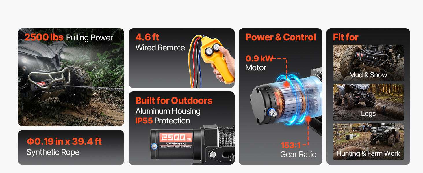 12V ATV Winch 2500–3500lbs with Synthetic Rope & Wired Remote-2500 lbs 39ft / United States