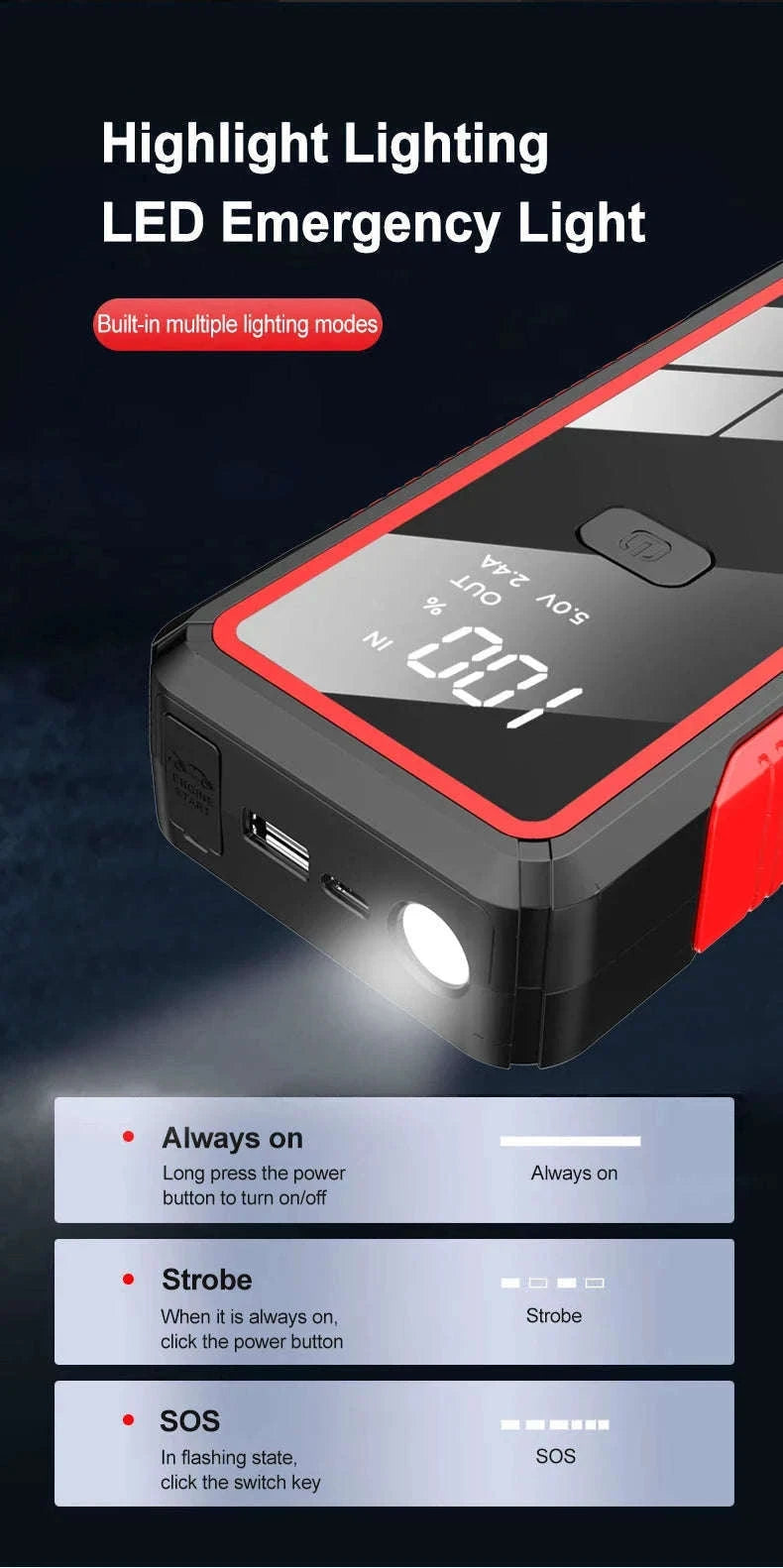 12V Car Jump Starter with USB Charging and LED Light-2000A with Box / UNITED KINGDOM