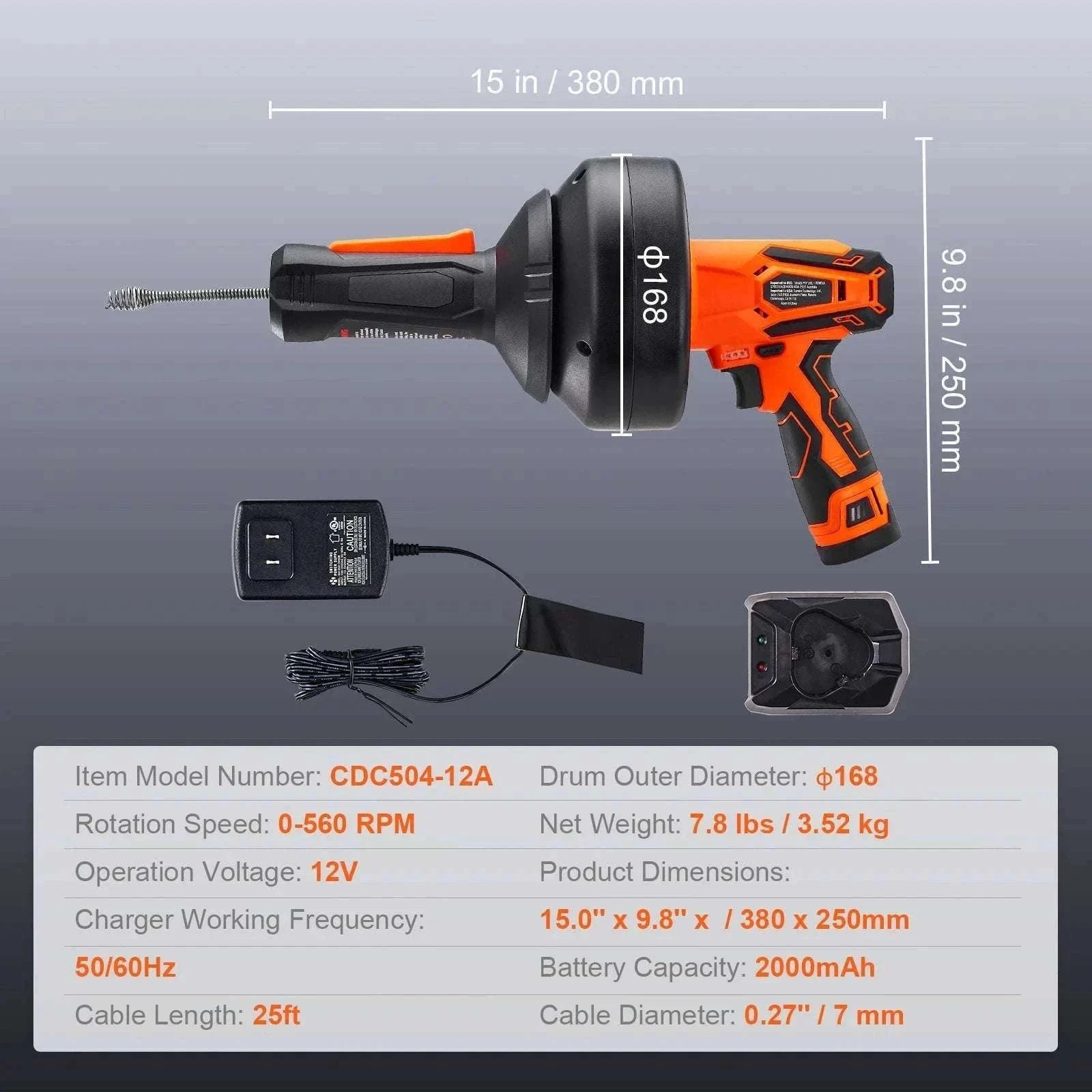 12V Cordless Drain Auger 25FT Auto Feed Plumbing Snake-25FT / Poland