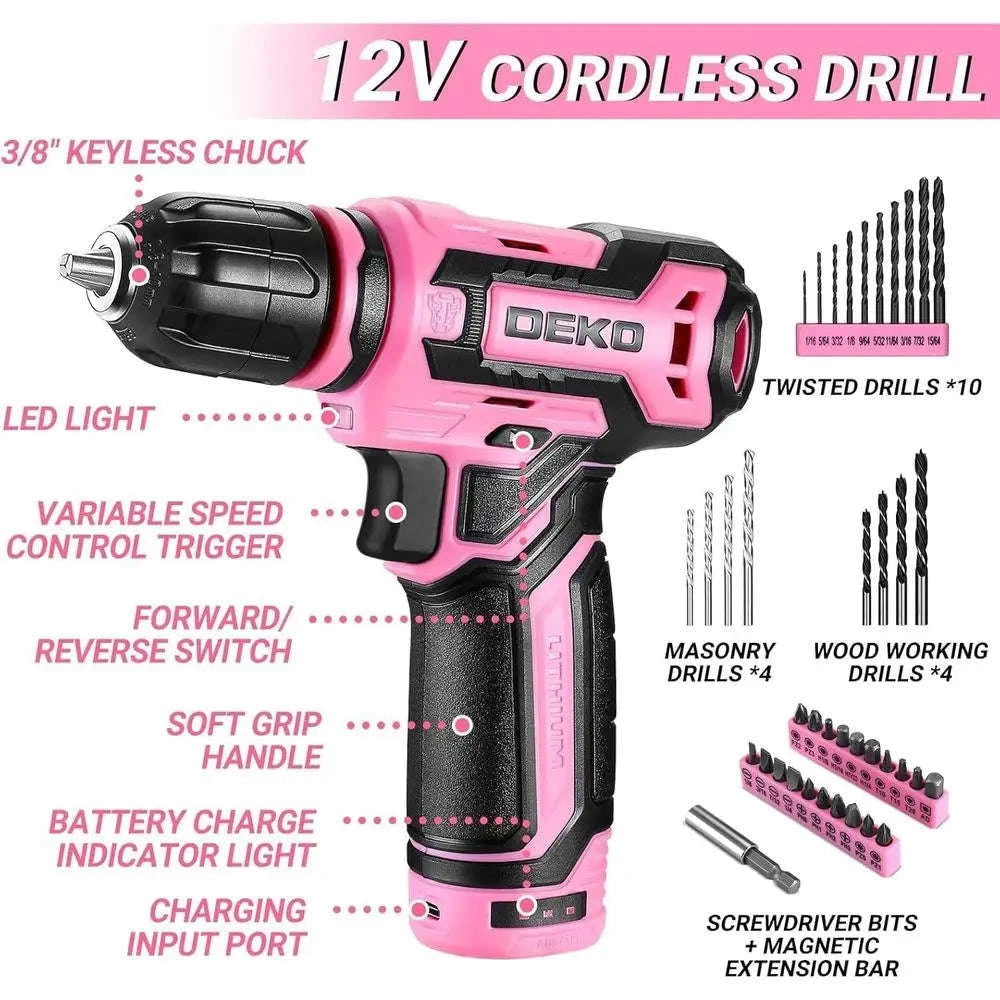 12V Cordless Pink Drill Set with 1.5Ah Battery and Tool Kit-United States