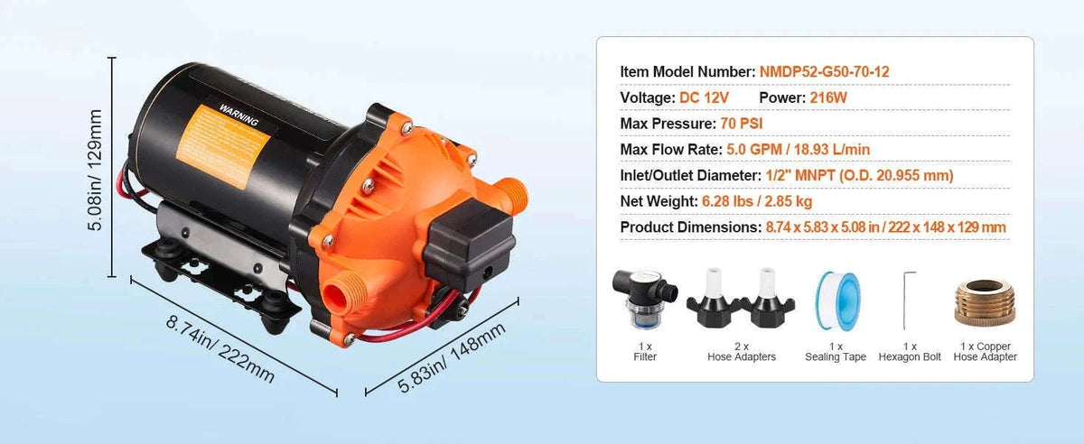 12V Diaphragm Pump 1.8-5.0 GPM Adjustable Pressure 1/2 MNPT-5.0 GPM 5-Chamber / EU / Poland