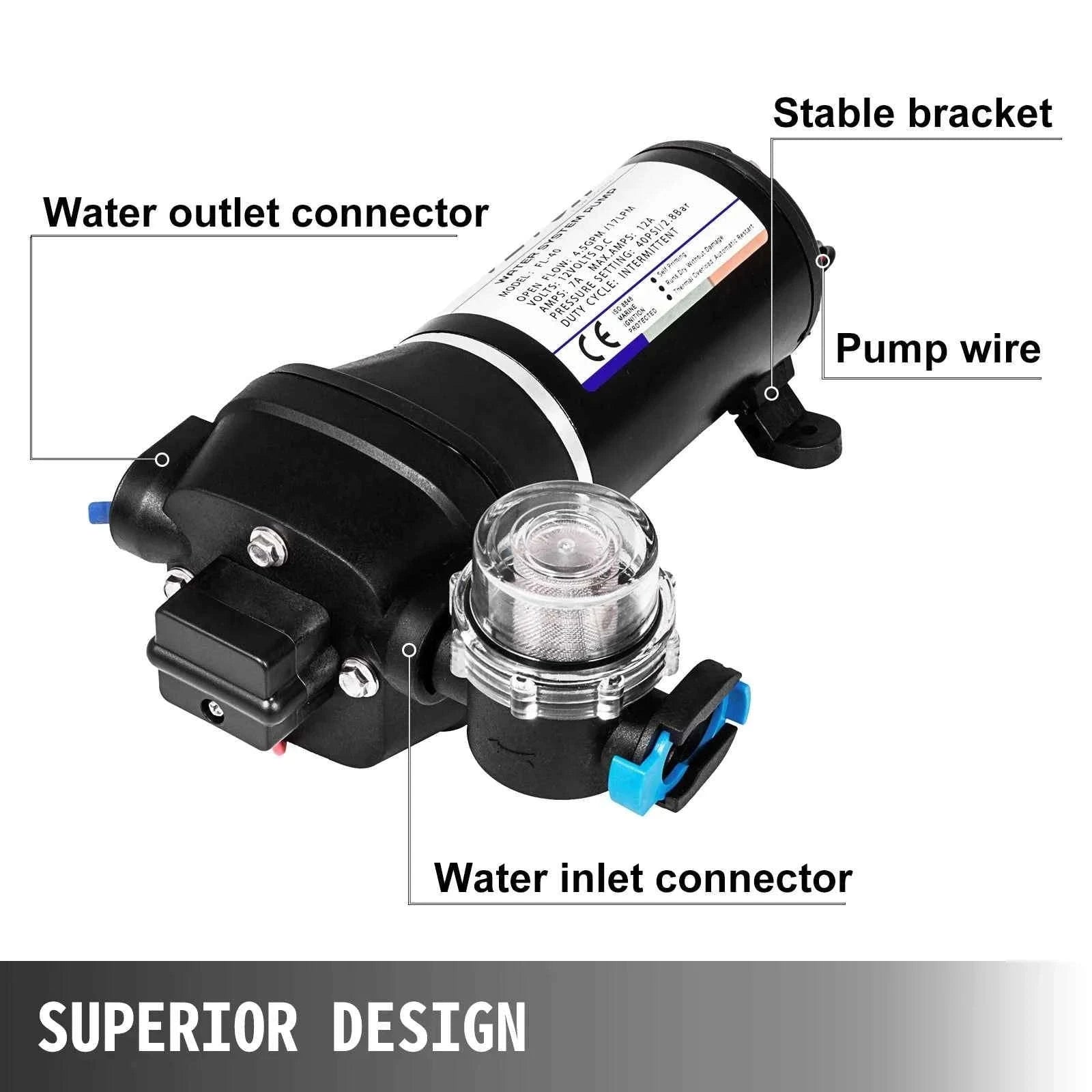 12V Diaphragm Water Pump Self-Priming 10L/Min or 17L/Min-FL-40 / EU / france