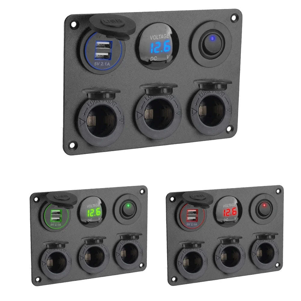 12V Dual USB Car Power Outlet Panel with LED Voltmeter and Toggle Switch-green