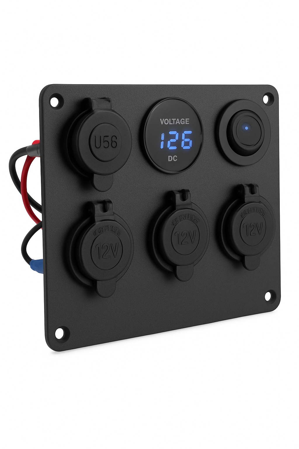 12V Двоен USB заряден адаптер с гнездо за запалка, захранващ изход с LED волтметър, превключвател и мултипанел за кола, морски съд и каравана, 4.2A
