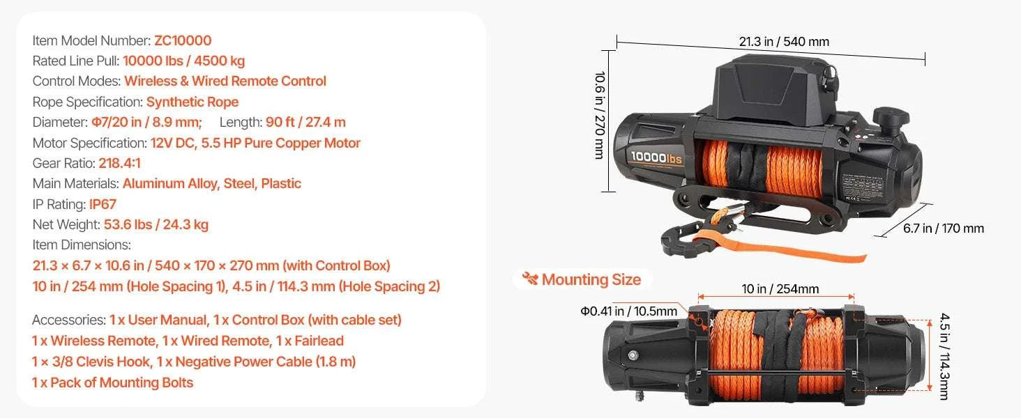 12V Electric Winch 10000–13500 lbs with 90 ft Rope for Truck & SUV-10000 lbs / United States