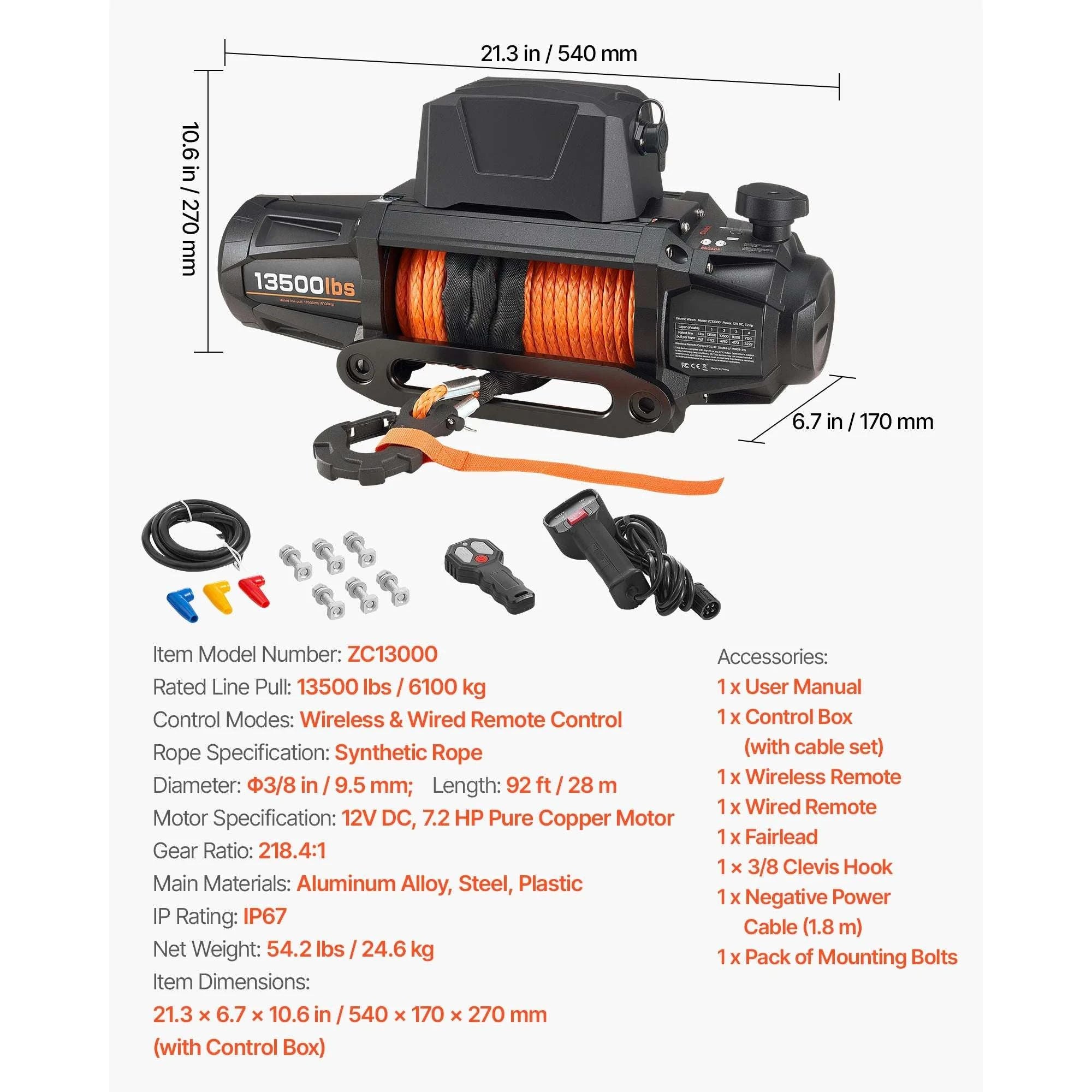 12V Electric Winch 10000–13500 lbs with 90 ft Rope for Truck & SUV-10000 lbs / United States