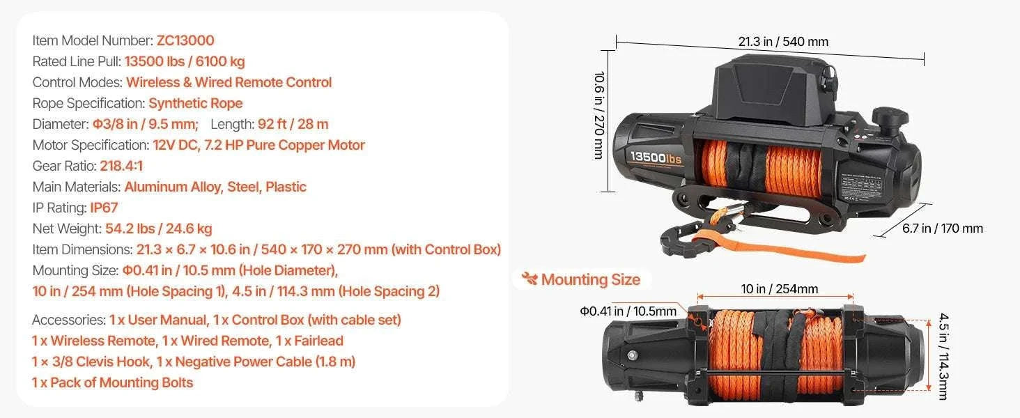 12V Electric Winch 10000–13500 lbs with 90 ft Rope for Truck & SUV-10000 lbs / United States