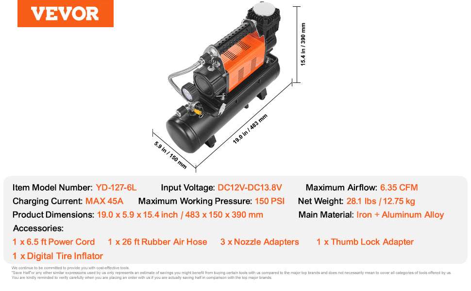 12V Heavy Duty Air Compressor 150 PSI Tire Inflator with 6L Tank-6L Tank / CZECH REPUBLIC