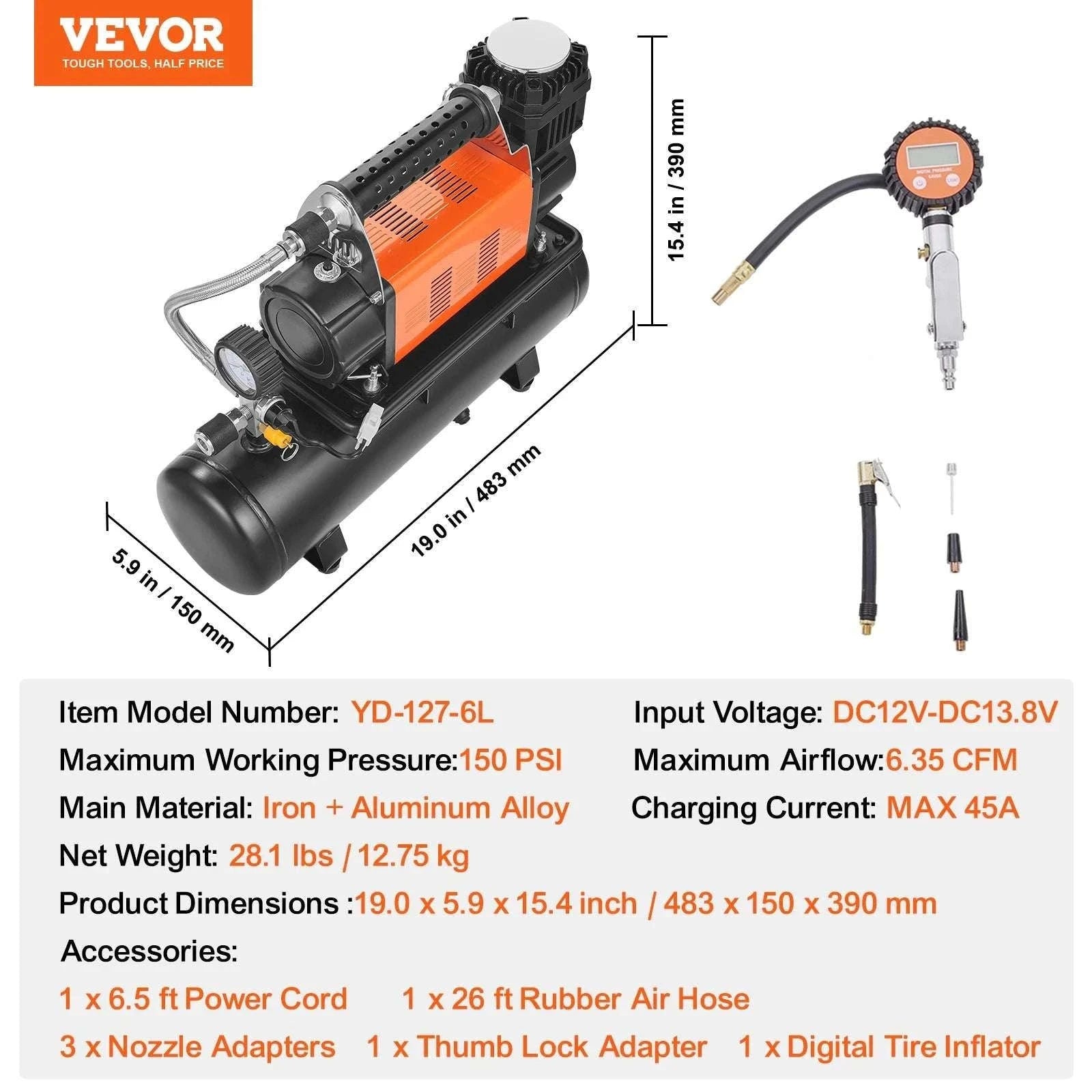 12V Heavy Duty Air Compressor 150 PSI Tire Inflator with 6L Tank-6L Tank / CZECH REPUBLIC