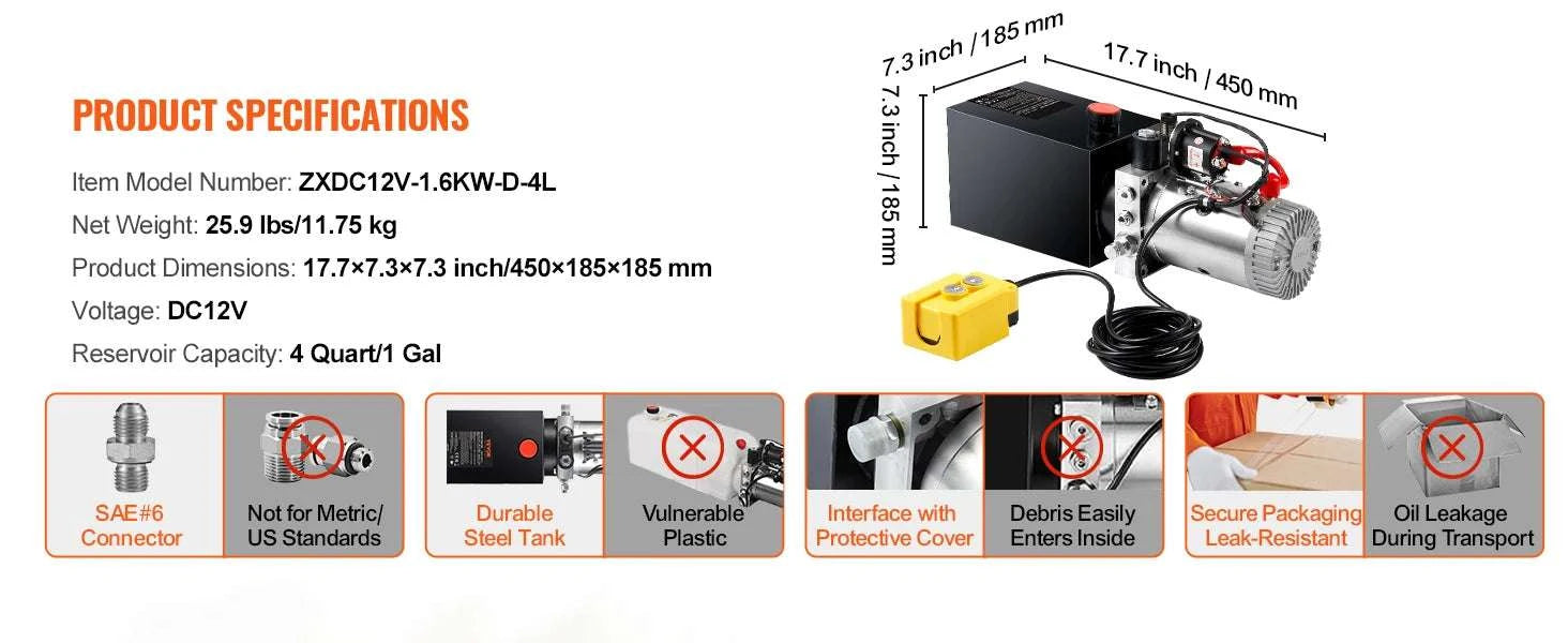 12V Hydraulic Pump 4 Quart Single Acting Power Unit 3200 PSI-12V / EU / france