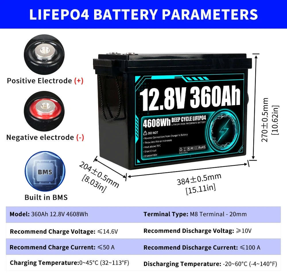 12V LiFePO4 Battery 100Ah 320Ah 360Ah for RV Marine Solar Storage-12v 360ah-1pcs / Poland