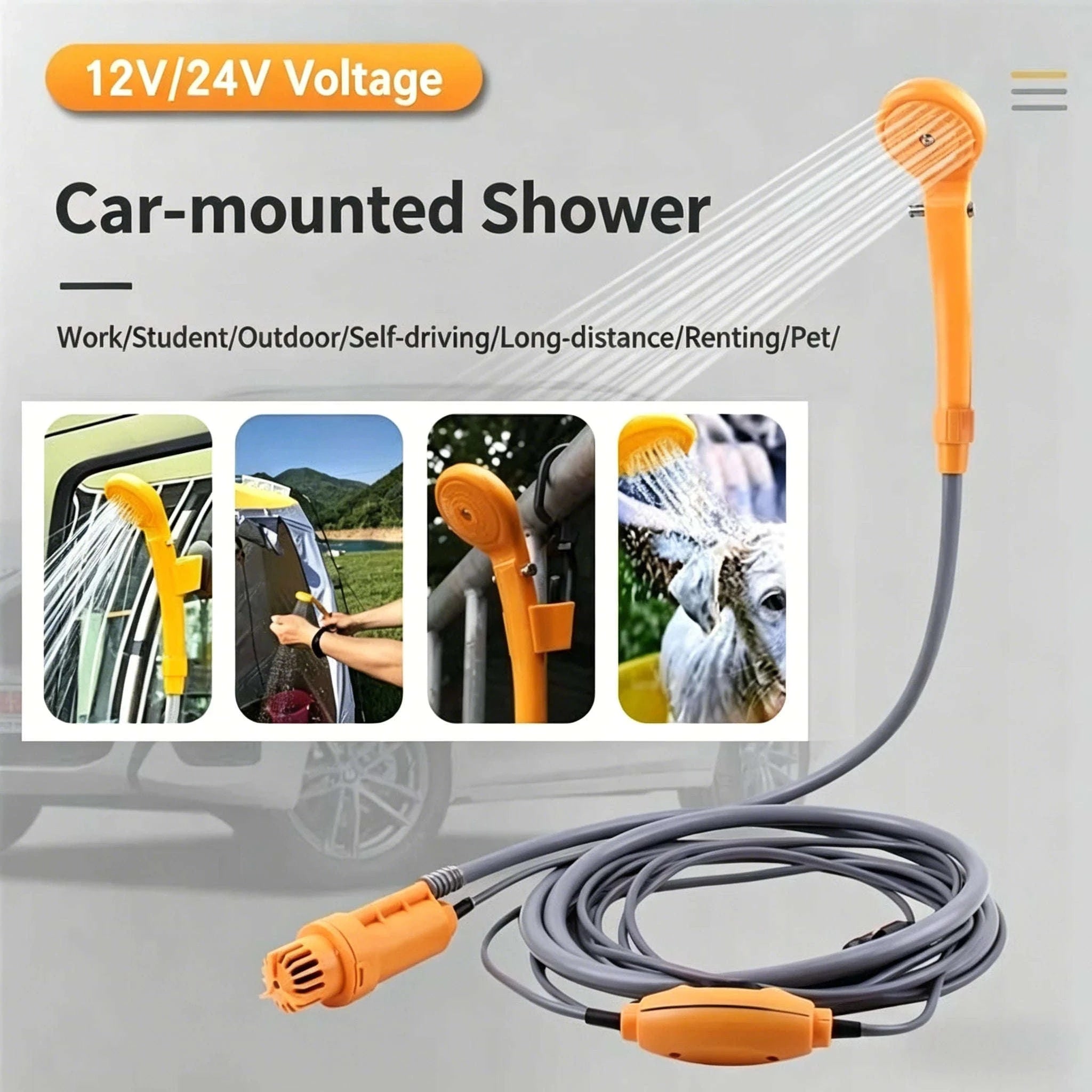 12V Portable Car Shower Kit with Cigarette Lighter Plug-Orange