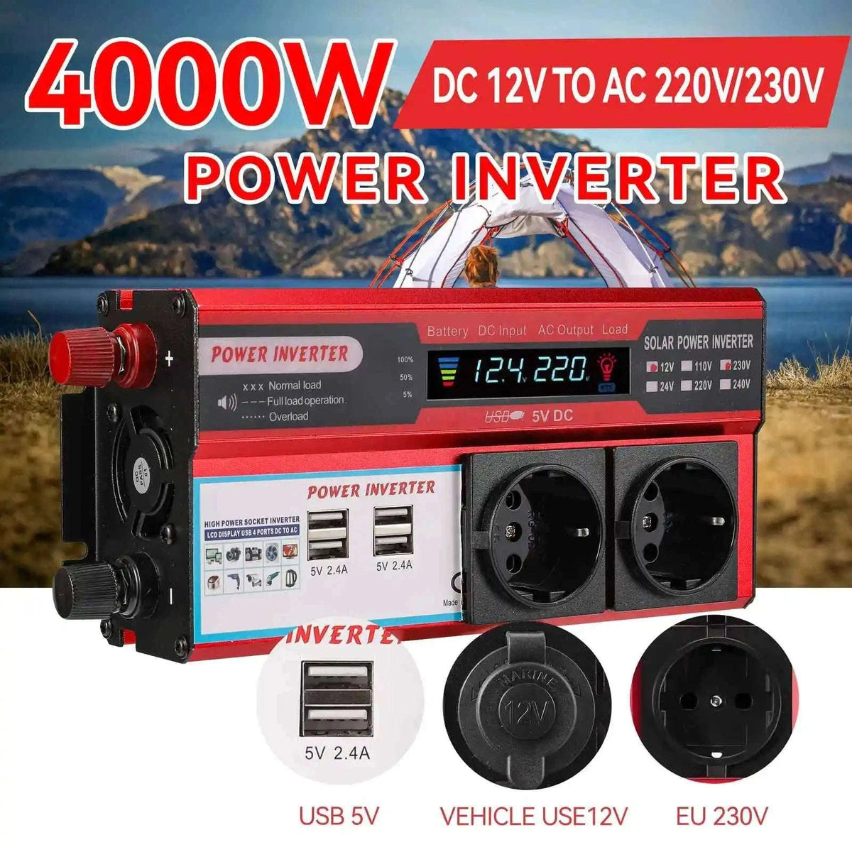 12V to 220V/230V Power Inverter with 4 USB Ports-3000W / Germany