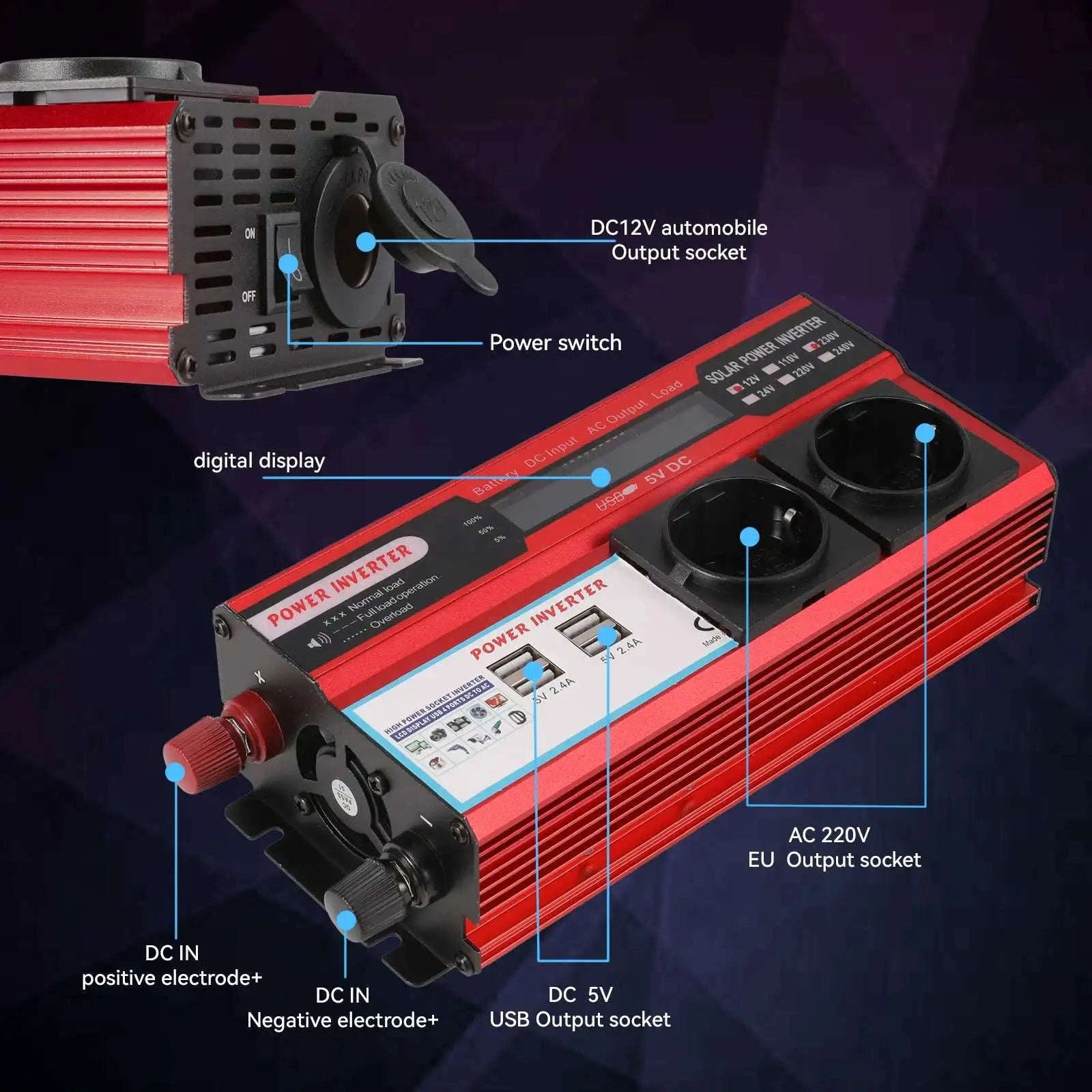 12V to 220V/230V Power Inverter with 4 USB Ports and LED Display-4000W / Poland