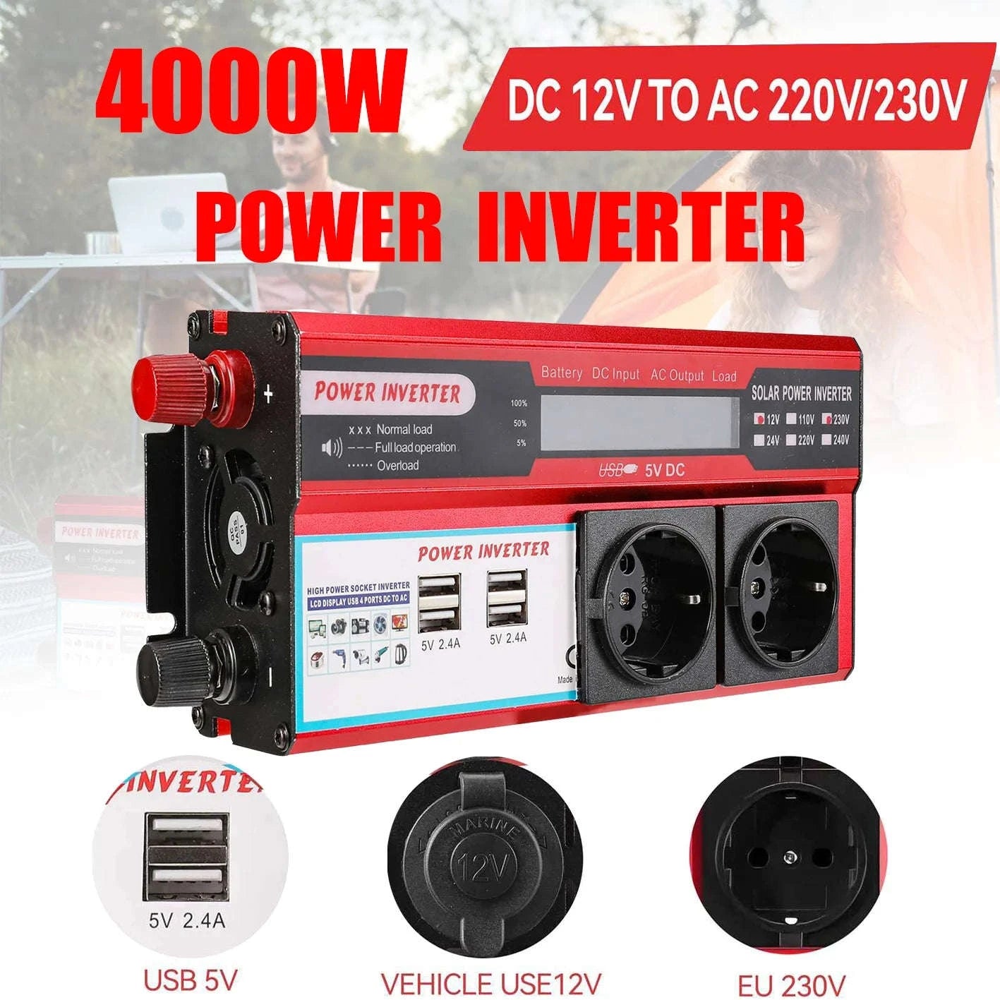 12V to 220V/230V Power Inverter with 4 USB Ports and LED Display-4000W / Poland