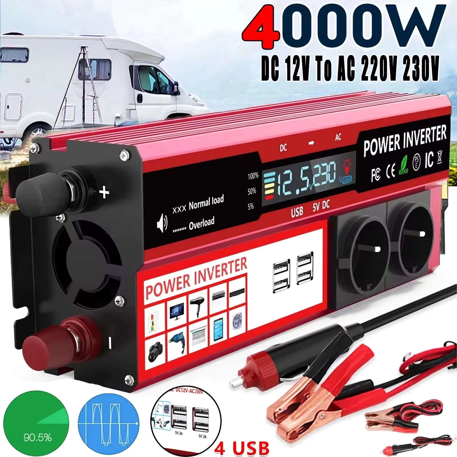 12V to 220V/230V Power Inverter with 4 USB Ports and LED Display-EU Plug / france