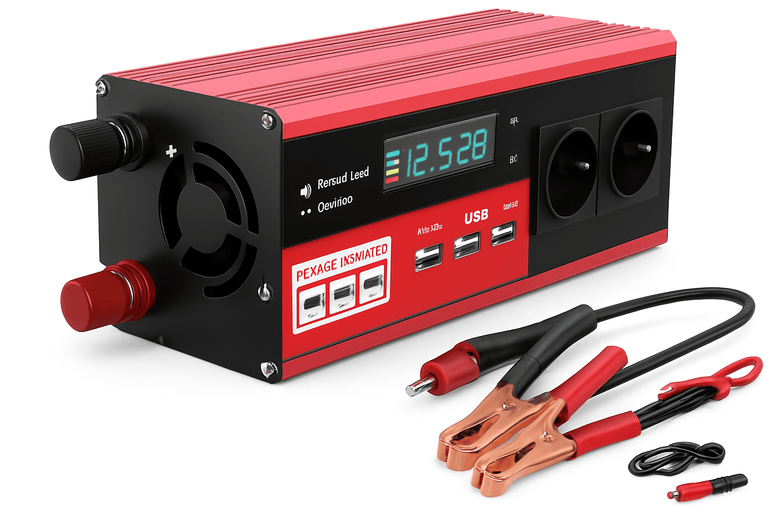12V to 220V/230V Power Inverter with 4 USB Ports and LED Display-EU Plug / france