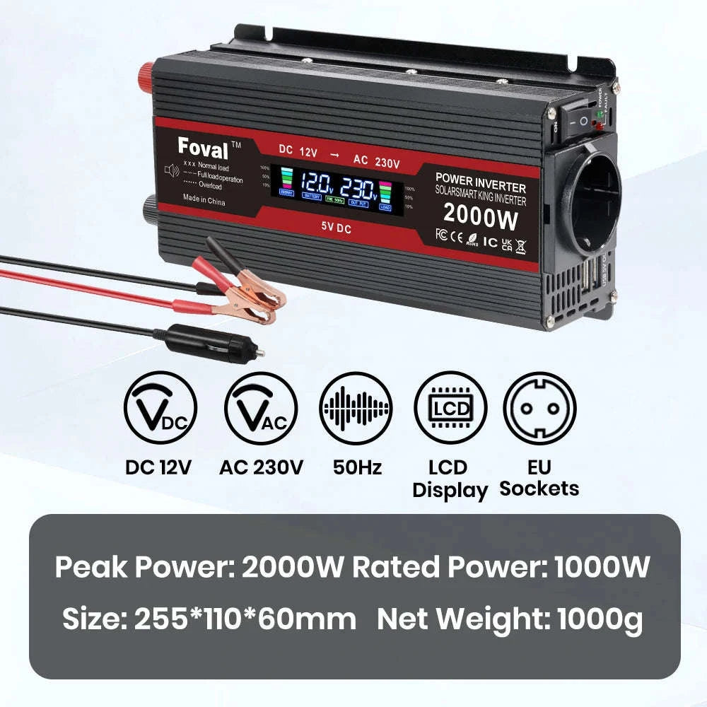 12V to 220V Power Inverter with LCD Display and Dual USB-3000W Red / Poland