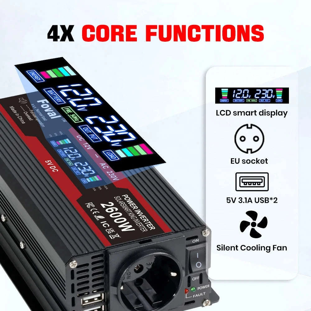 12V to 220V Power Inverter with LCD Display and Dual USB-3000W Red / Poland