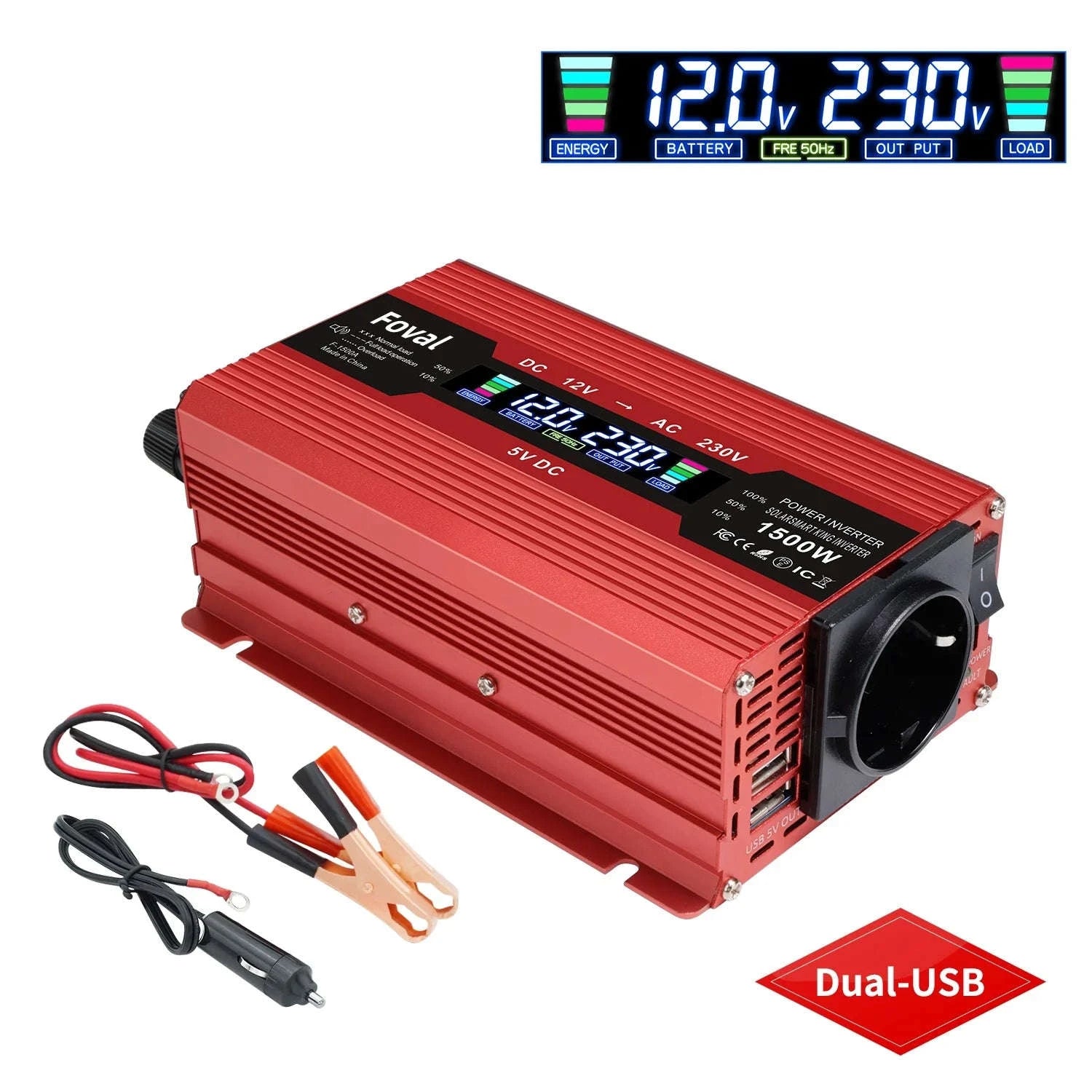 12V to 220V Power Inverter with LCD Display and Dual USB-3000W Red / Poland