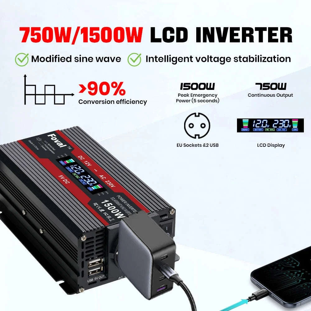 12V to 220V Power Inverter with LCD Display and Dual USB-3000W Red / Poland